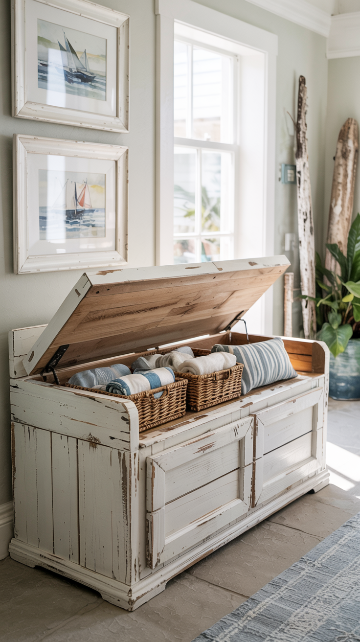 A rustic, distressed white wooden chest with a flip-top lid open, revealing organized coastal-themed storage inside. It's positioned in a bright entryway with shiplap walls and beach artwork.