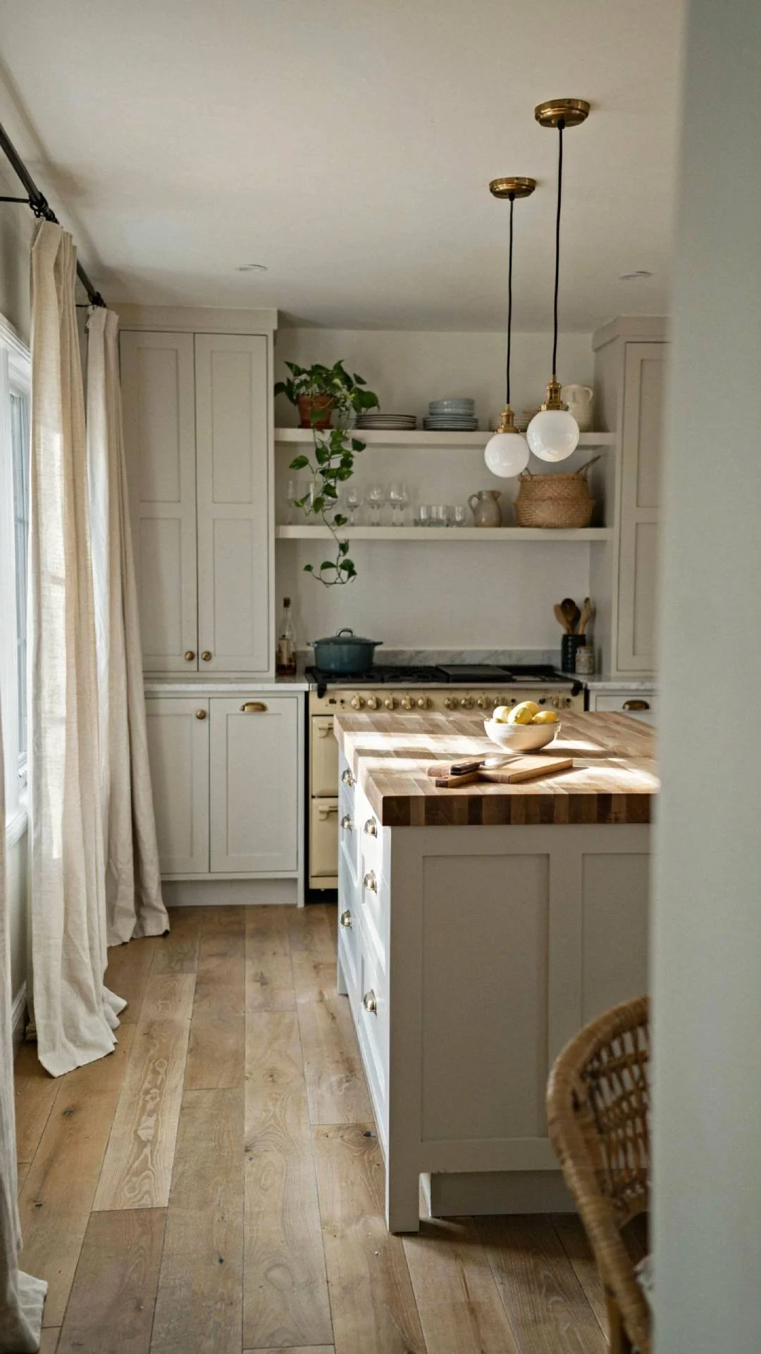 full kitchen shot with a warm butcher block countertop island contrasting white surrounding cabinetry, brass pendant lights above, open shelving with dishware, natural light, coastal cottage style,