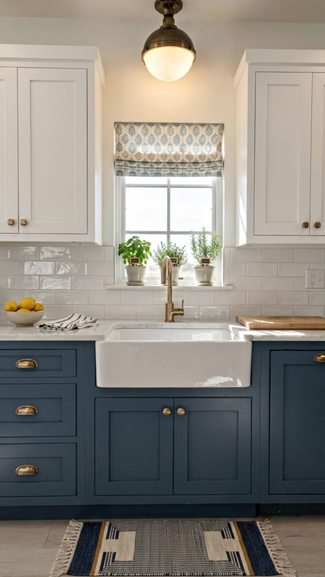 Navy and white coastal kitchen cabinets with brass hardware