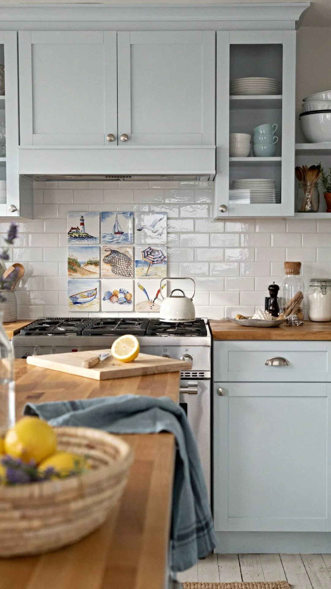 Full kitchen shot with a white subway tile backsplash featuring a scattered cluster of hand-painted coastal scene tiles behind the stove, warm natural light, soft blue cabinetry, cottage styling, photorealistic