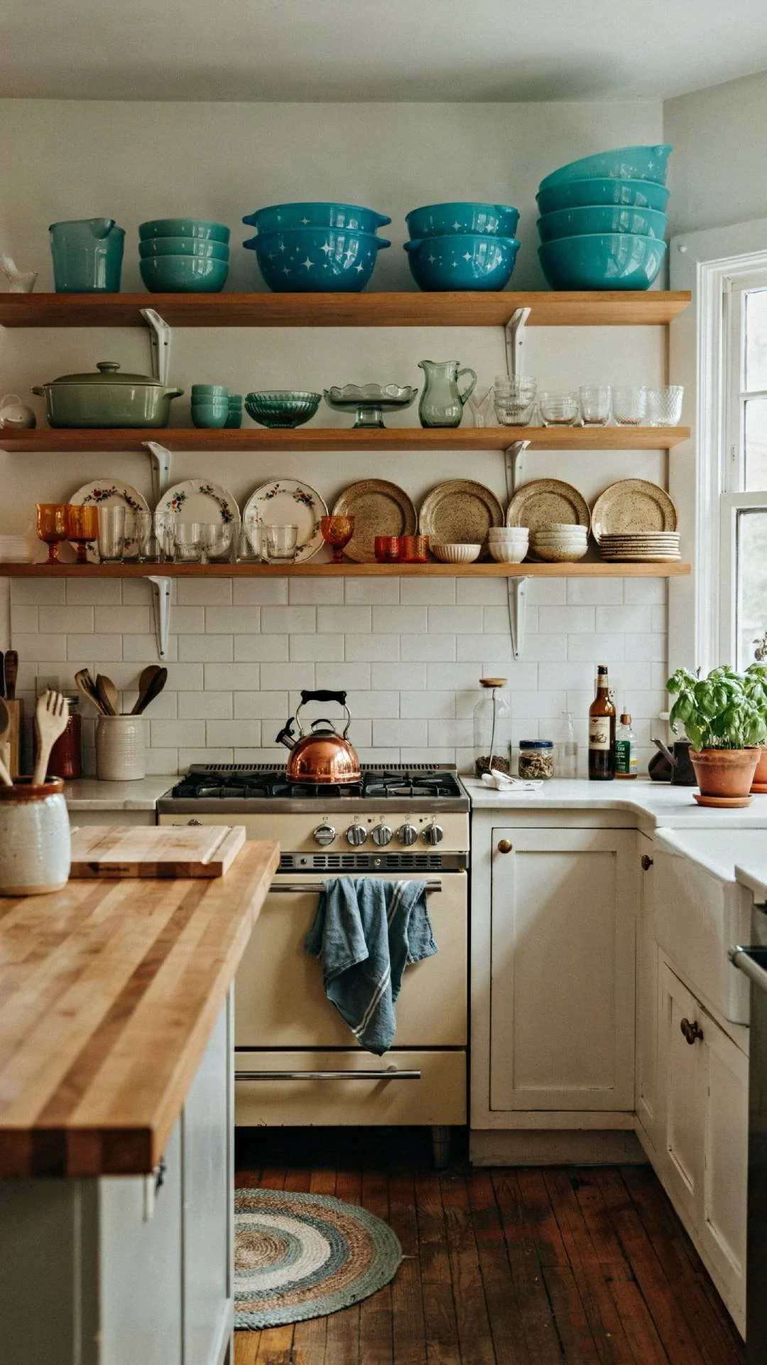 Full kitchen shot with open shelving displaying vintage turquoise Pyrex bowls, jadeite pieces, and mismatched vintage plates grouped by color, warm wood tones, natural light, photorealistic
