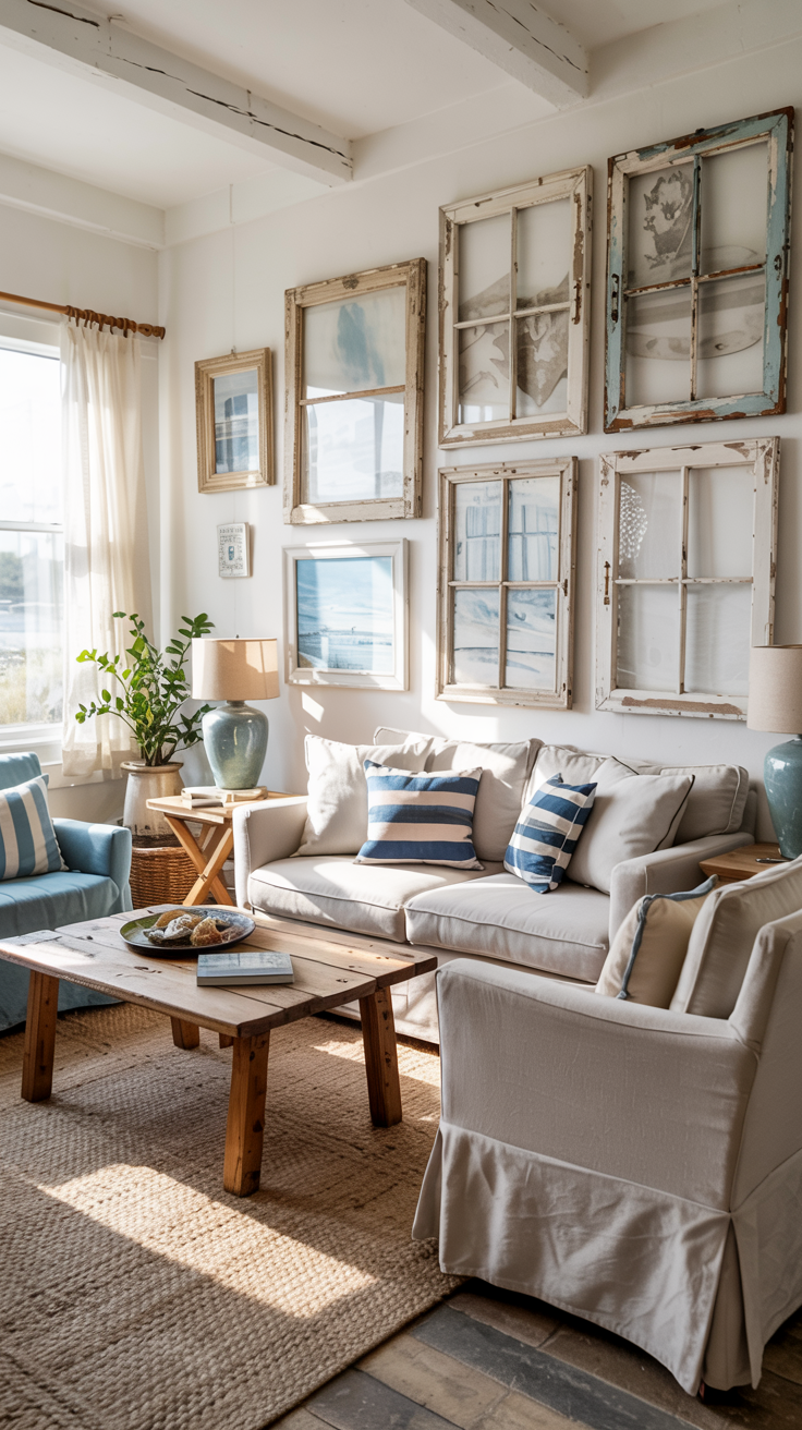 Beach cottage living room with vintage window frame collection on main wall, cozy seating area with coastal textiles, wooden coffee table, soft blue accents, afternoon sunlight, editorial interior design photography, full room view