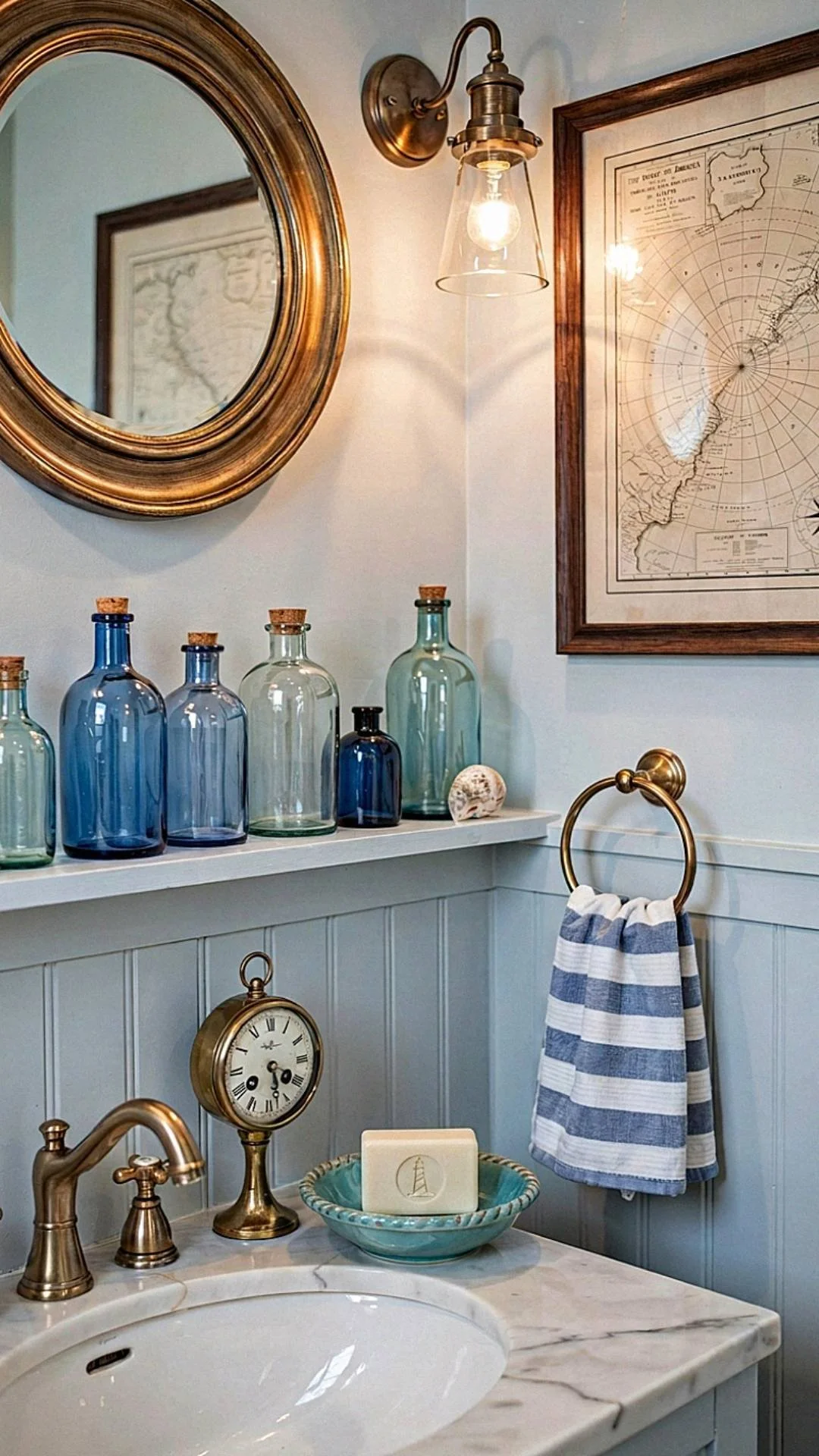 a small blue coastal bathroom decorated in maritime accessories.