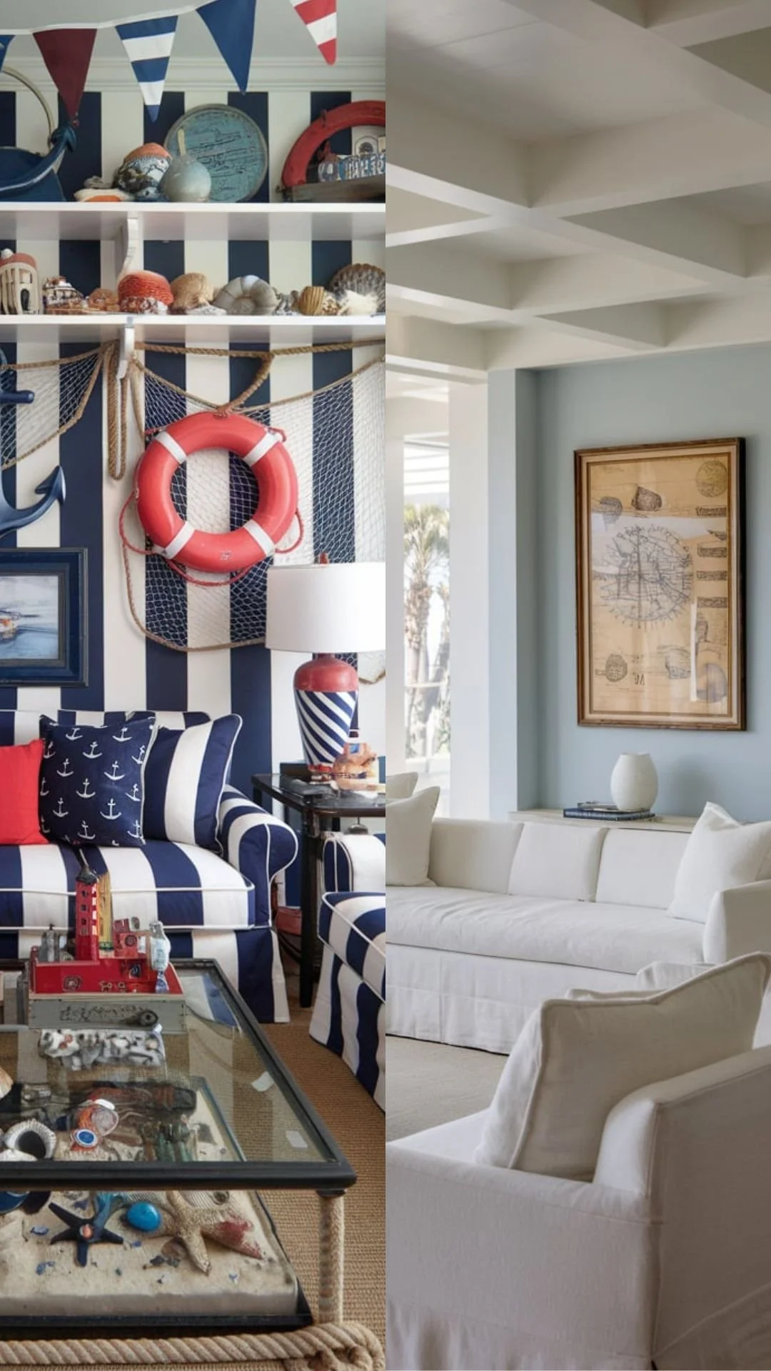 a photo of a split comparison of a living room in traditional nautical home decor and another image of a clean nautical minimalistic style living room.