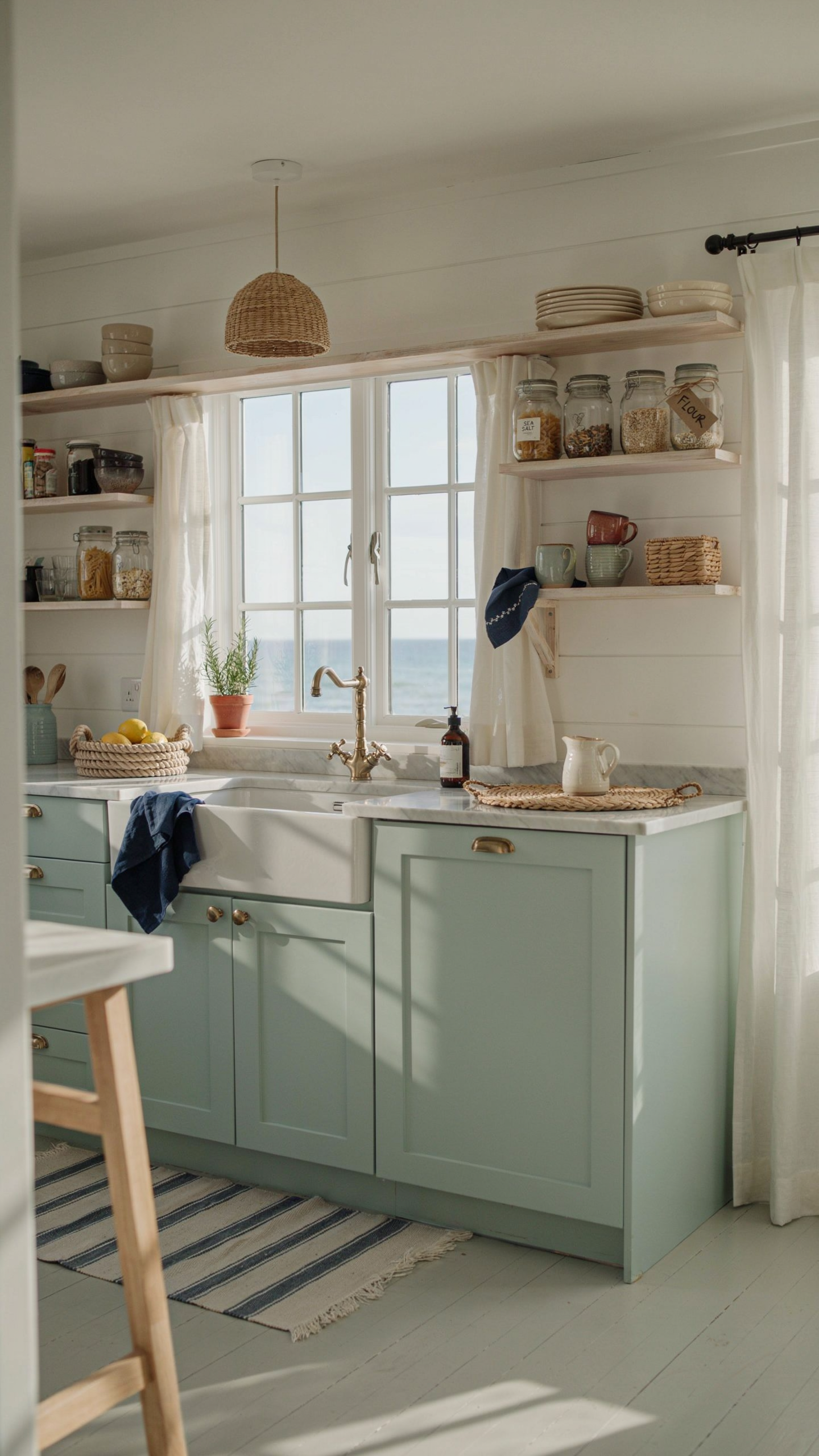 A breezy coastal cottage kitchen with seafoam green painted cabinets, white shiplap walls, driftwood-toned open wooden shelves, a white countertop, woven texture accents, soft navy blue textile touches, warm natural light through a large window