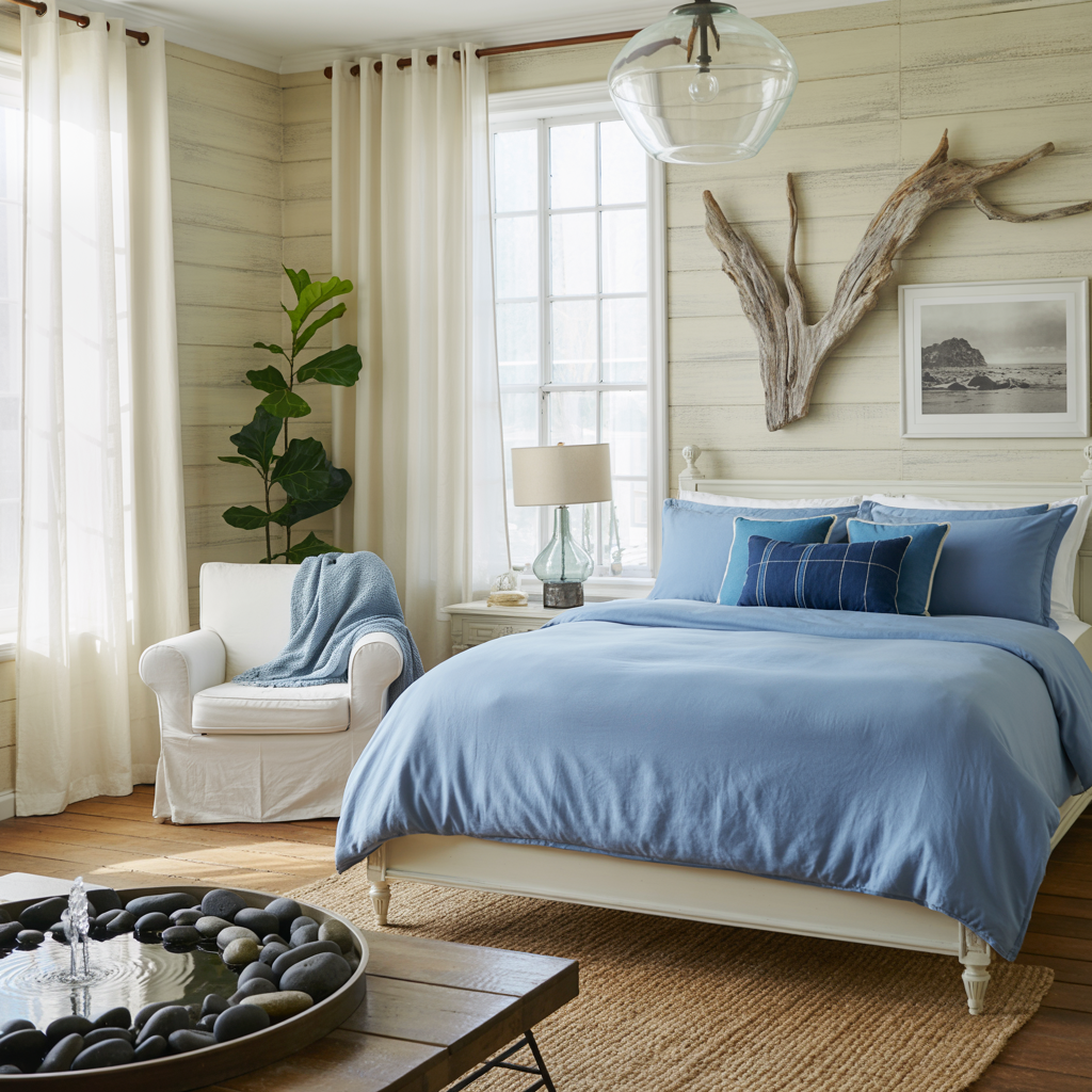 A serene coastal-themed bedroom with natural light streaming through large windows with white curtains. The focal point is a white-framed bed with light blue bedding and matching blue throw pillows.