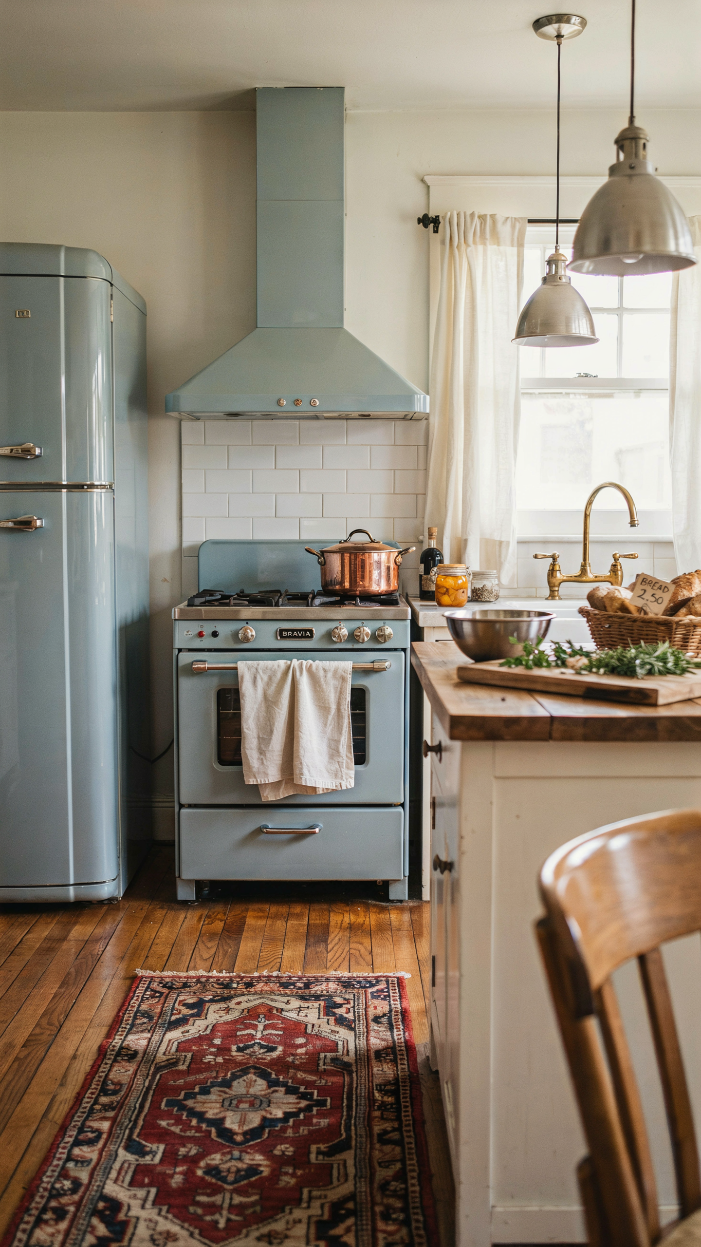 1940s enameled kitchen appliances in blue and white coastal kitchen