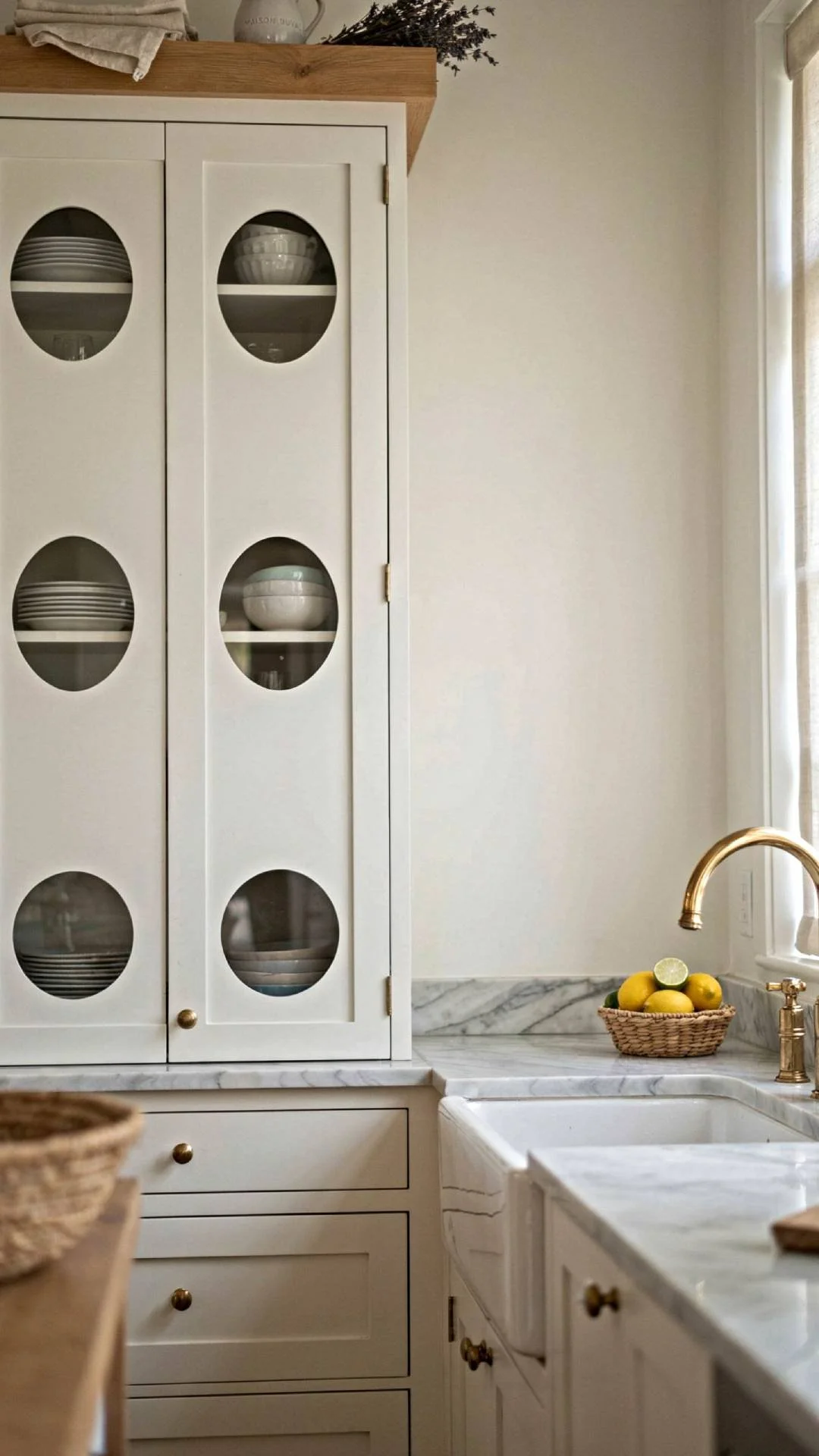 Porthole style glass cabinet doors in coastal kitchen