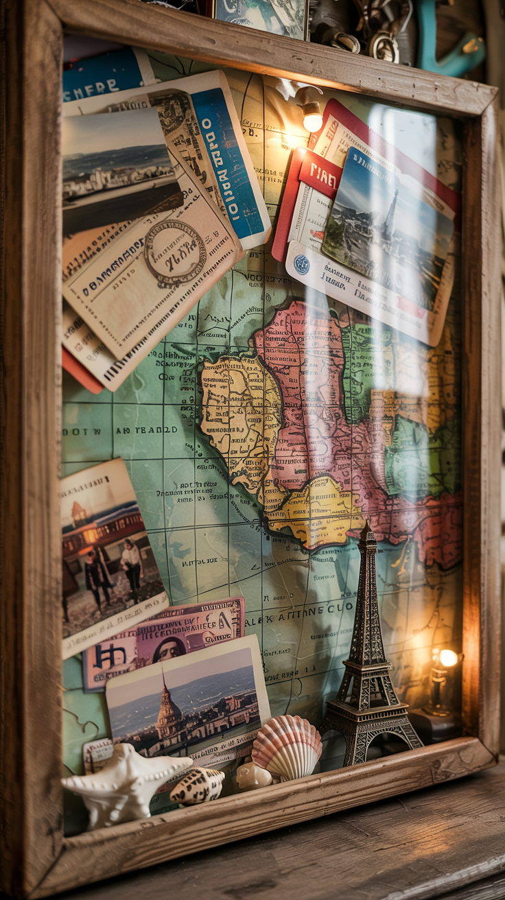 Wanderlust travel shadow box with vintage map background, boarding passes, foreign currency, postcards, small souvenirs, and vacation photos, adventure theme, warm nostalgic lighting, eclectic arrangement