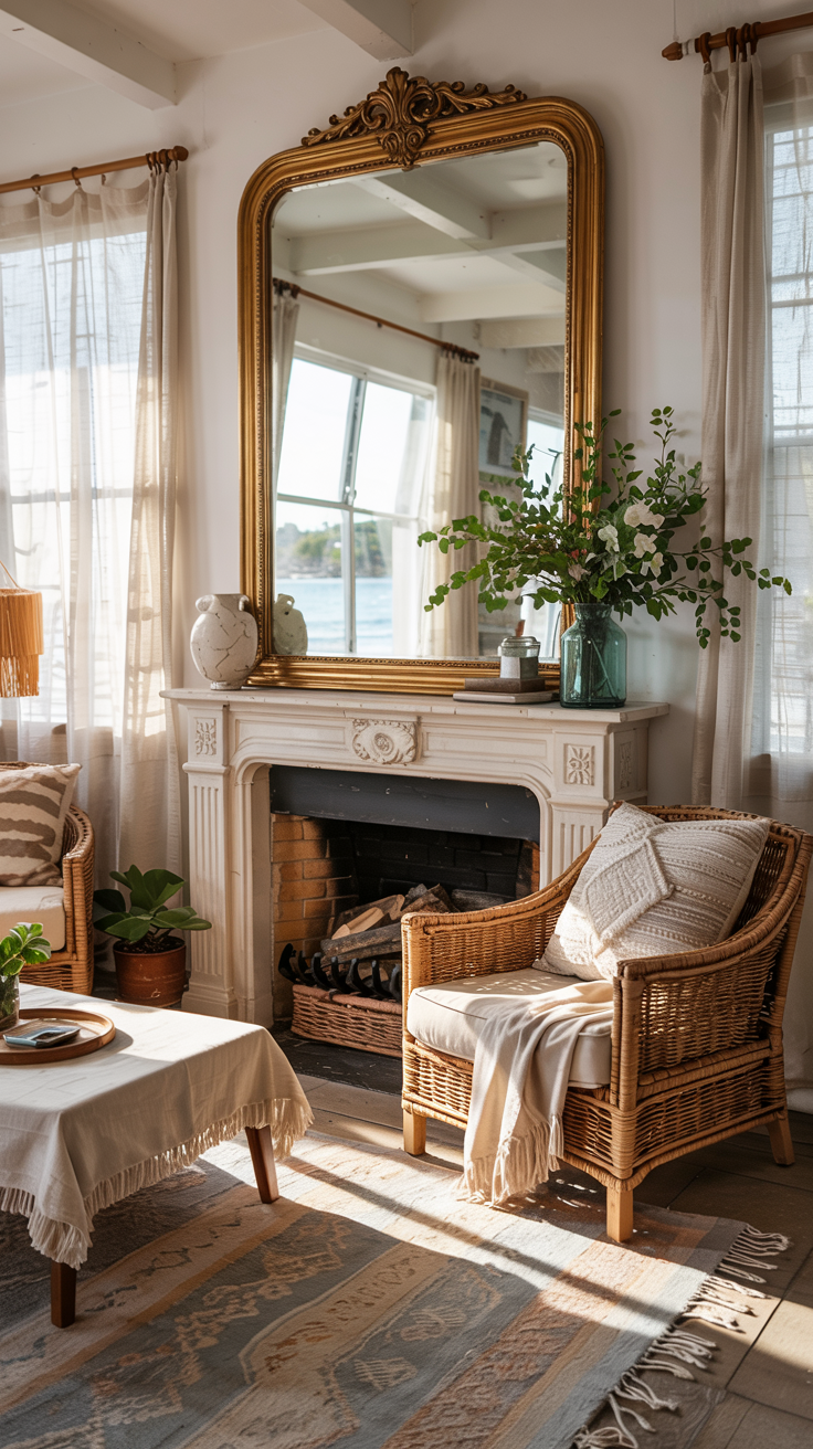 A brightly decorated coastal boho living room. A large, antique mirror with a slightly chipped, original gold patina frame hangs above the fireplace. Atmosphere: Eclectic mix of vintage and vibrant coastal pieces, lots of reflected light.
