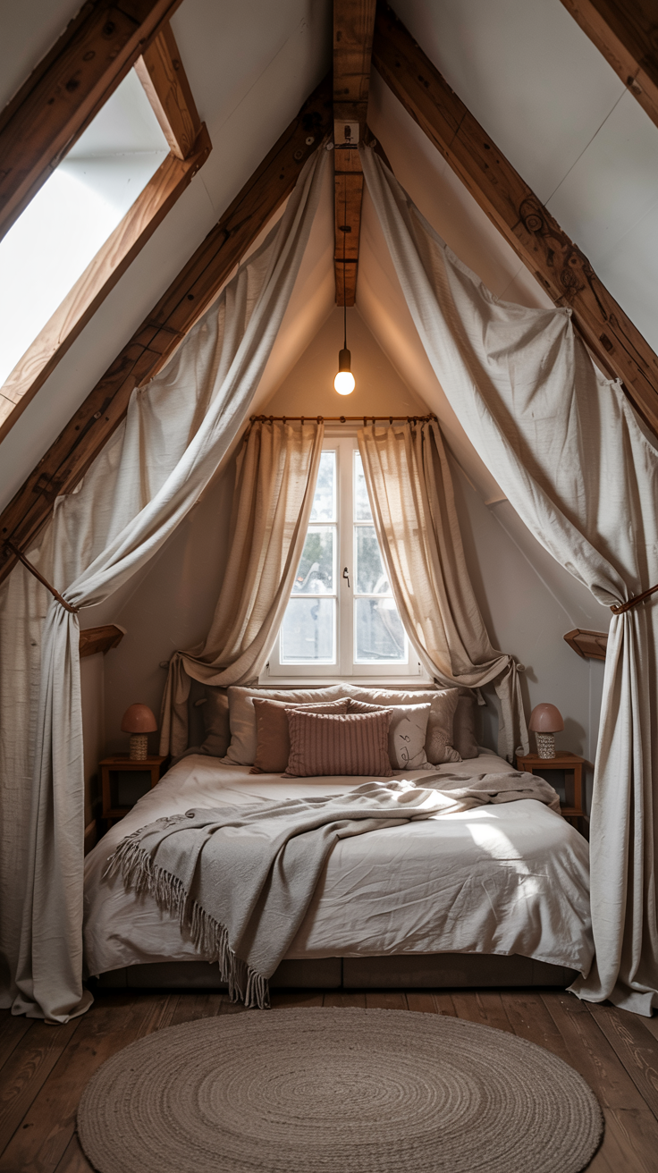 A built-in alcove bed in an attic, featuring exposed wooden beams. One side of the bed is pushed up against the window-facing wall with curtains encasing the bed for privacy.