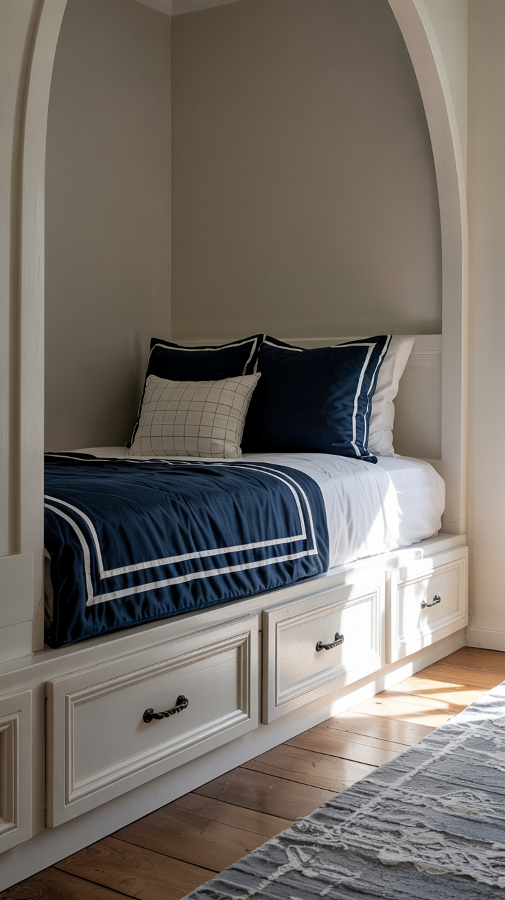 A navy and white buit-in alcove bed with deep drawers underneath, a rope knot detail, and brass hardware.