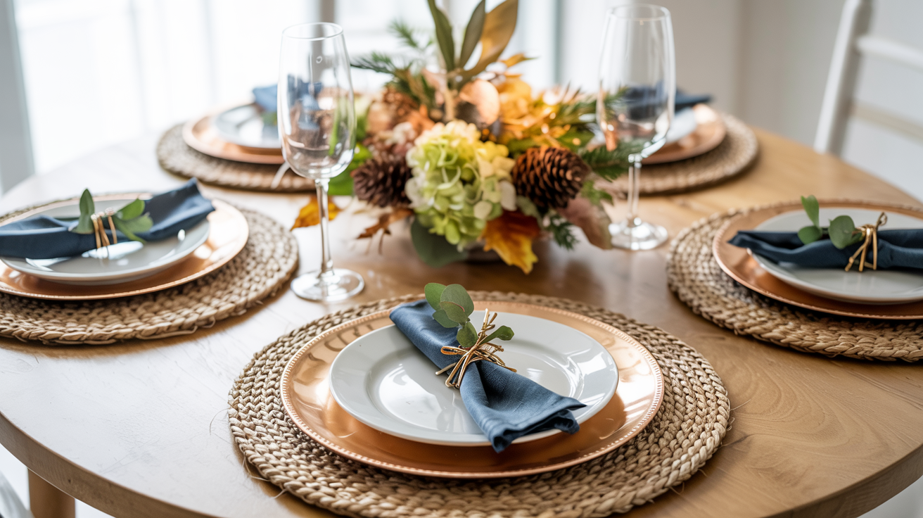 Coastal fall table setting with seagrass placemats, copper chargers, navy napkins, and natural autumn centerpiece for cottage dining