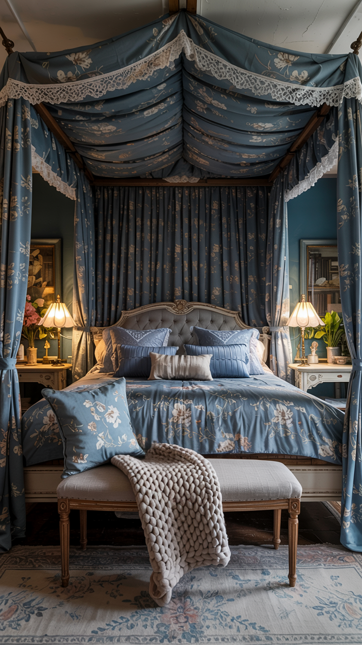 A moody Victorian-style bedroom interior with a four-poster bed featuring a dark blue canopy with white lace trim.