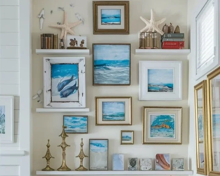 a corner of a coastal bedroom showcasing the stunning gallery wall art of various coastal, beach, and maritime paintings and photos.