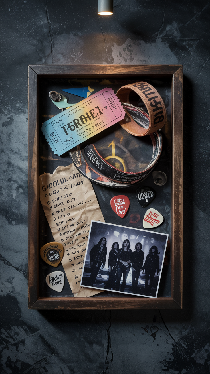 Rock concert shadow box with event tickets, wristbands, setlist, band photo, and guitar picks, dark moody background, stage lighting effects, music memorabilia display, energetic vibe
