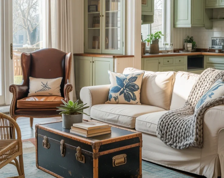a coastal cottage living room fully decorated in beachy decor and cozy textiles.