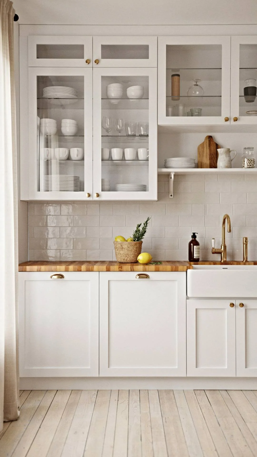 full kitchen shot featuring glass front upper cabinets displaying simple white dishware, white lower cabinets, brass hardware, butcher block counters, soft natural light, coastal cottage style