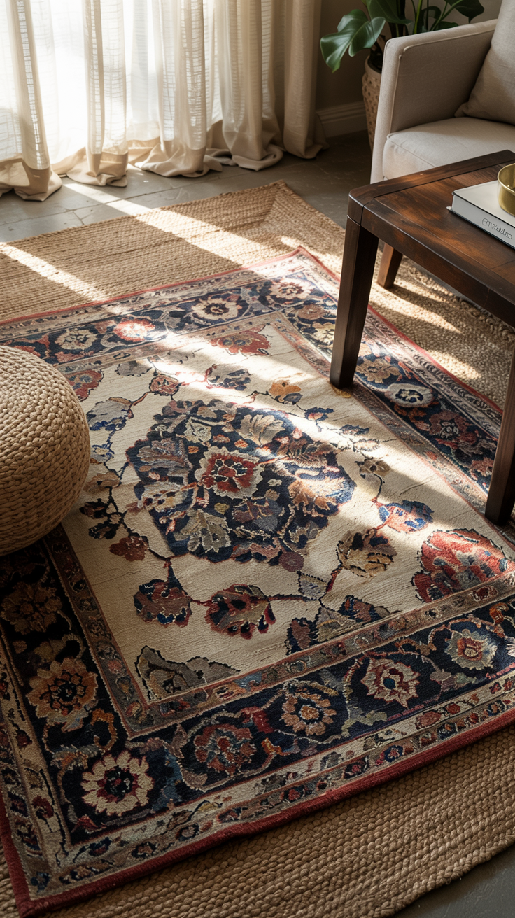 Layered coastal living room flooring, large natural jute rug base layer with smaller vintage wool rug on top, furniture legs resting on rugs, sisal texture meeting soft fabrics, dimensional floor styling,