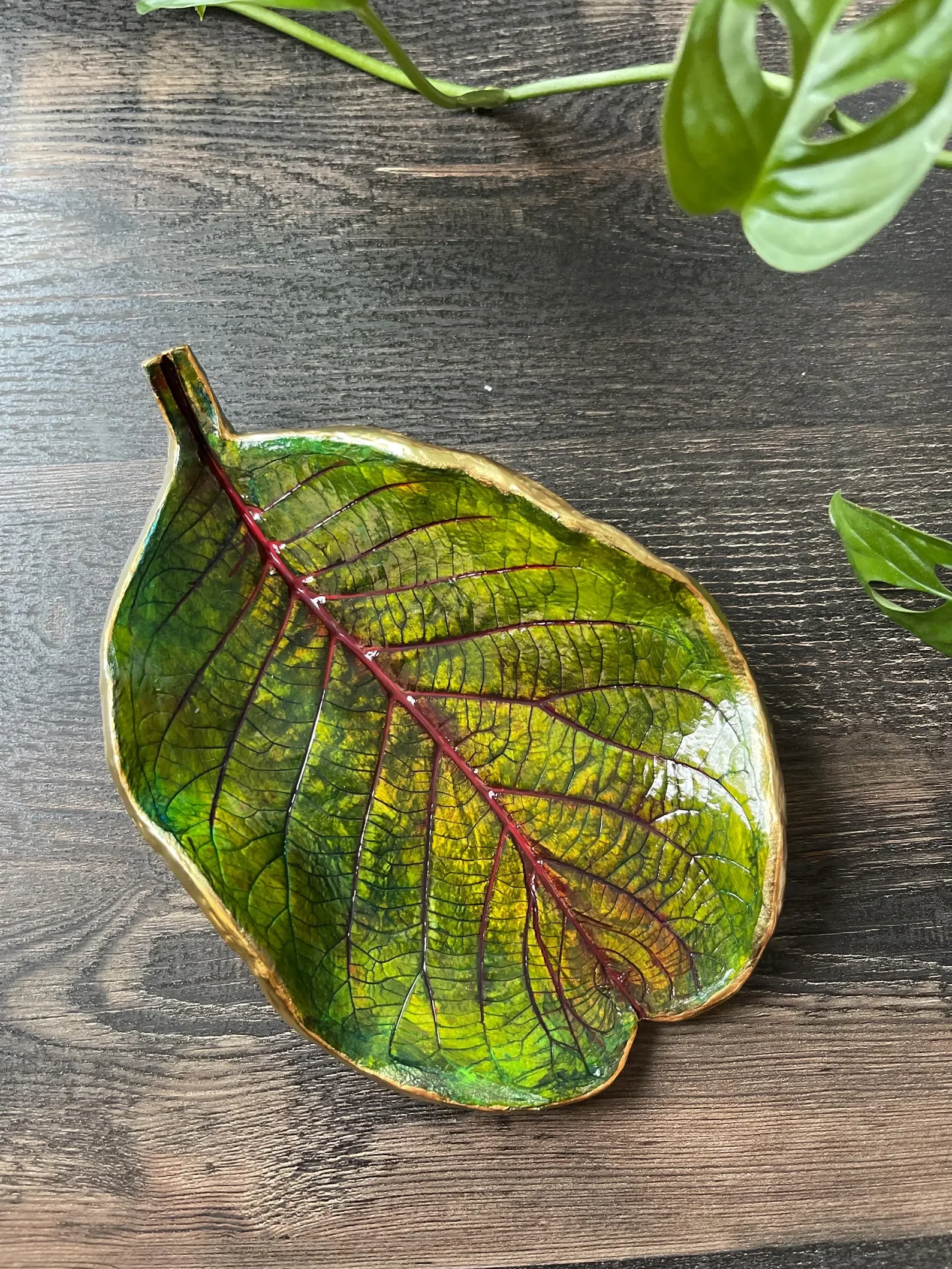 leaf Trinket Dish, air dry clay, artisan one of a kind trinket or candle dish,green leaf