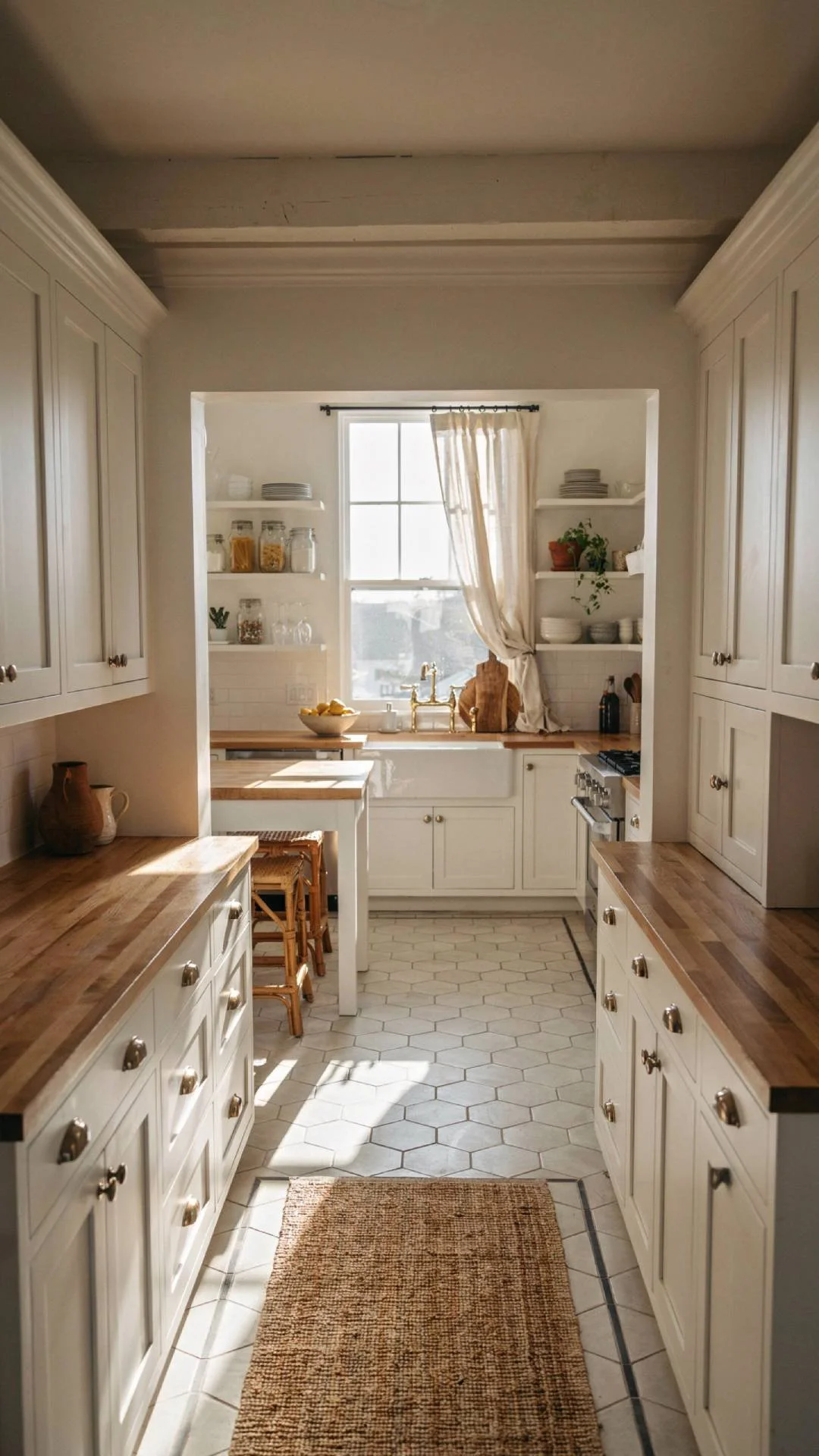 full kitchen shot showing white hex tile flooring with a black accent border, white cabinetry, butcher block counters, warm natural light spilling across the floor, coastal cottage style