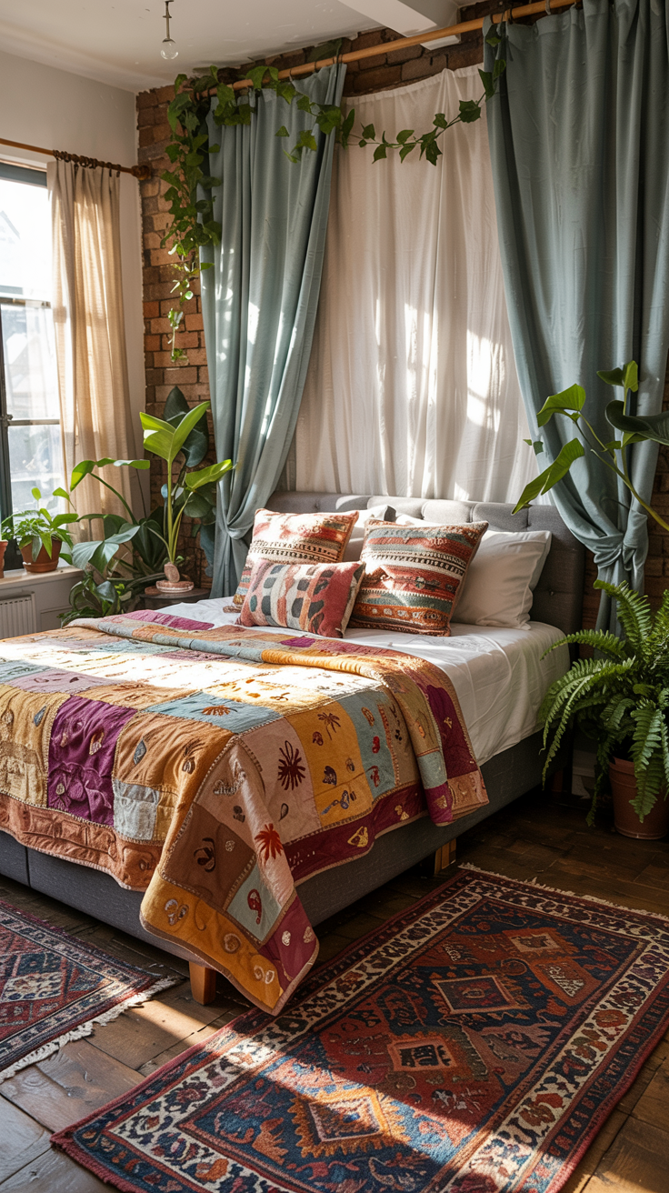 a bohemian style bedroom with a dramatic curtain wall hanging.