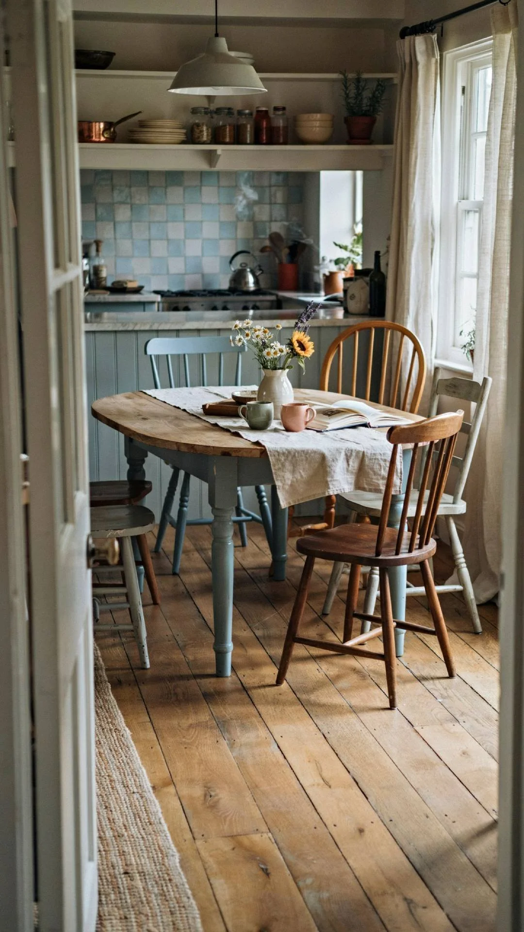 Full kitchen shot with a round wood table with a painted soft blue base, mismatched wooden chairs around it, natural light from a nearby window, warm and inviting cottage styling, photorealistic