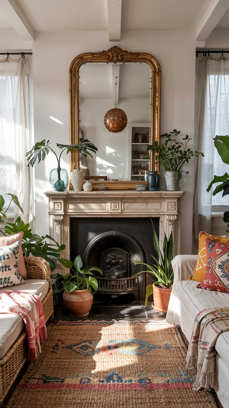A brightly decorated coastal boho living room. A large, antique mirror with a slightly chipped, original gold patina frame hangs above the fireplace. Atmosphere: Eclectic mix of vintage and vibrant coastal pieces, lots of reflected light.