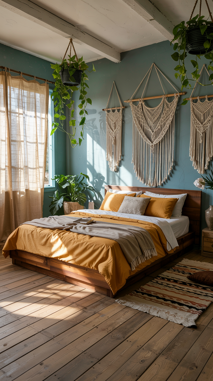 a cozy boho bedroom with turquoise walls and hanging plants.