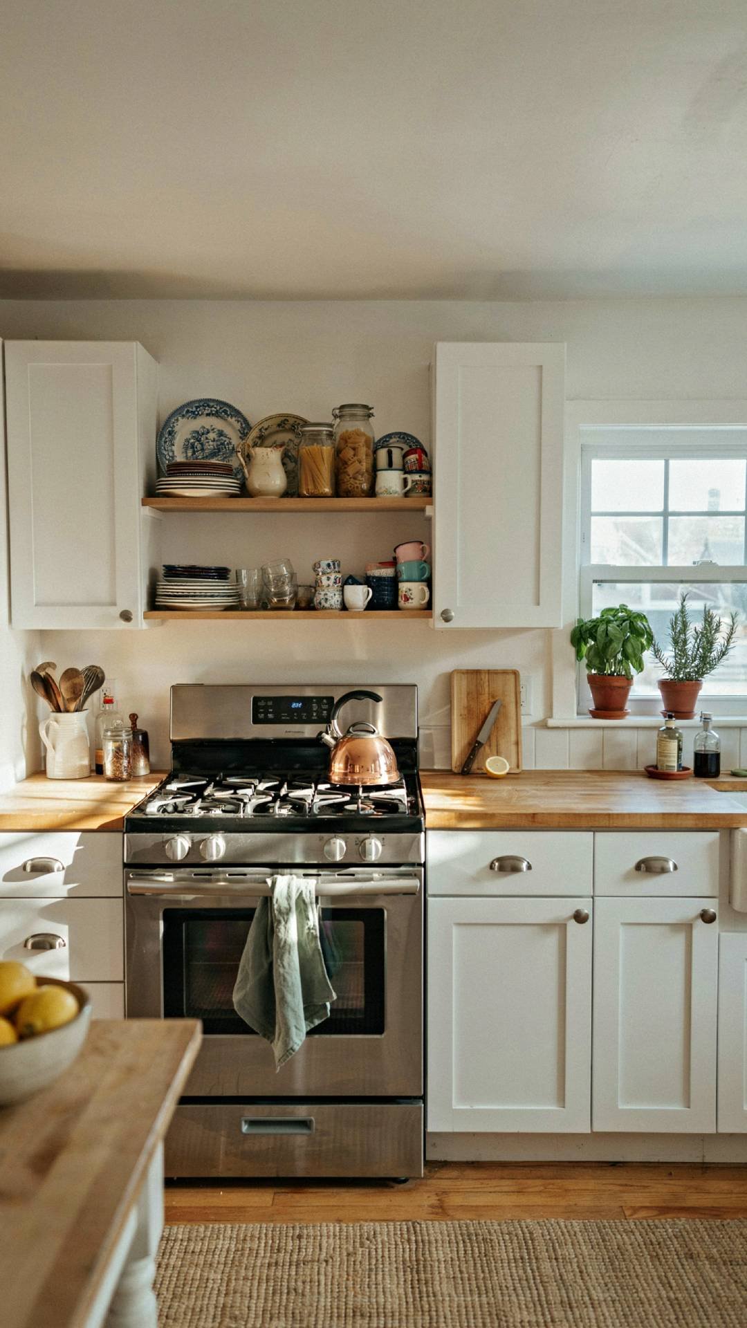 Full kitchen shot with warm maple butcher block countertops, white shaker cabinets, open shelving with vintage dishware, natural light, cozy collected-over-time feel, photorealistic