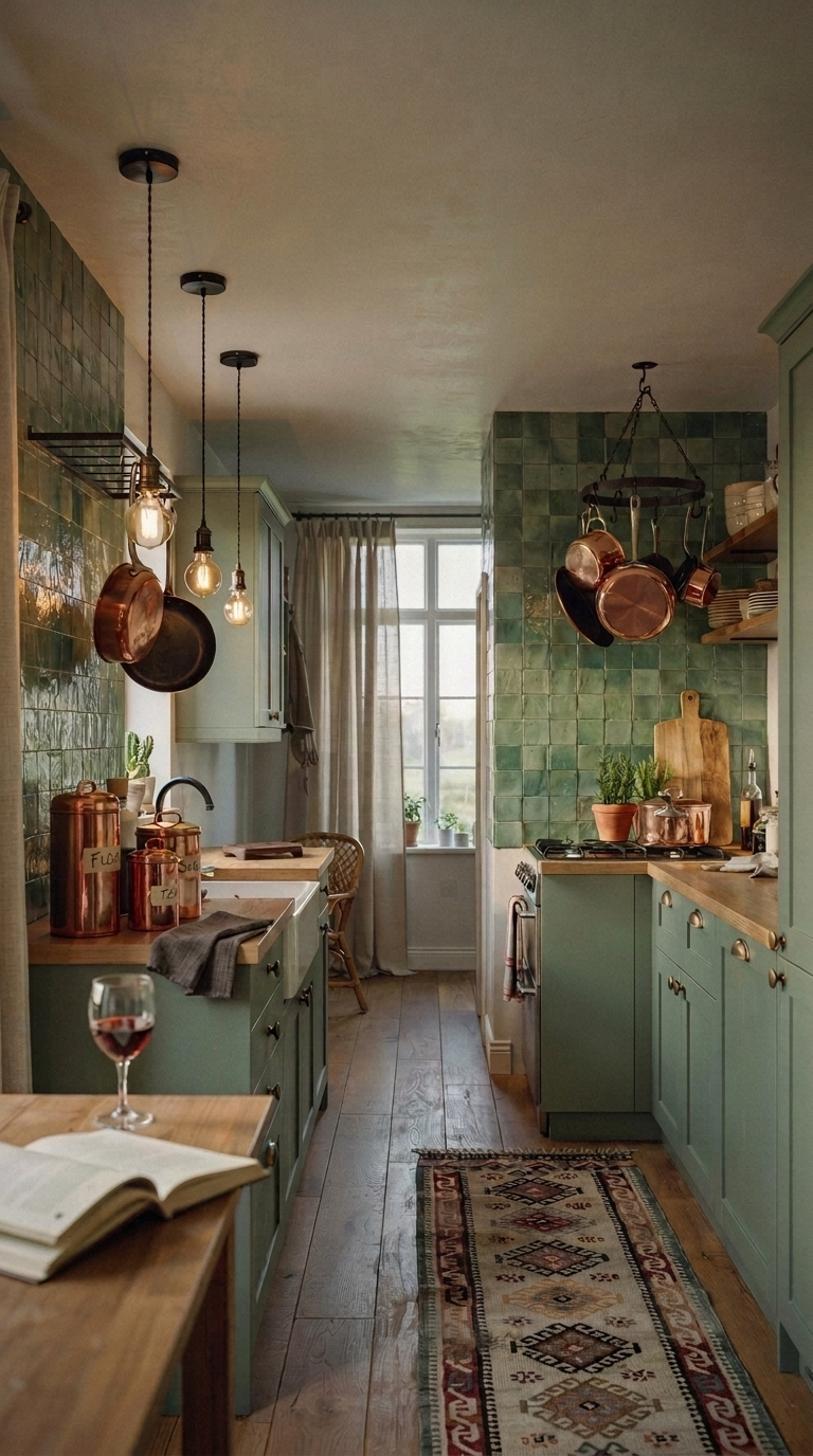 A warm and rich cottage kitchen with sage green cabinets and a ceiling-mounted pot rack holding gleaming copper pots and pans, copper canisters on the countertop, a green zellige tile backsplash, warm Edison bulb pendant lights, wood floors,