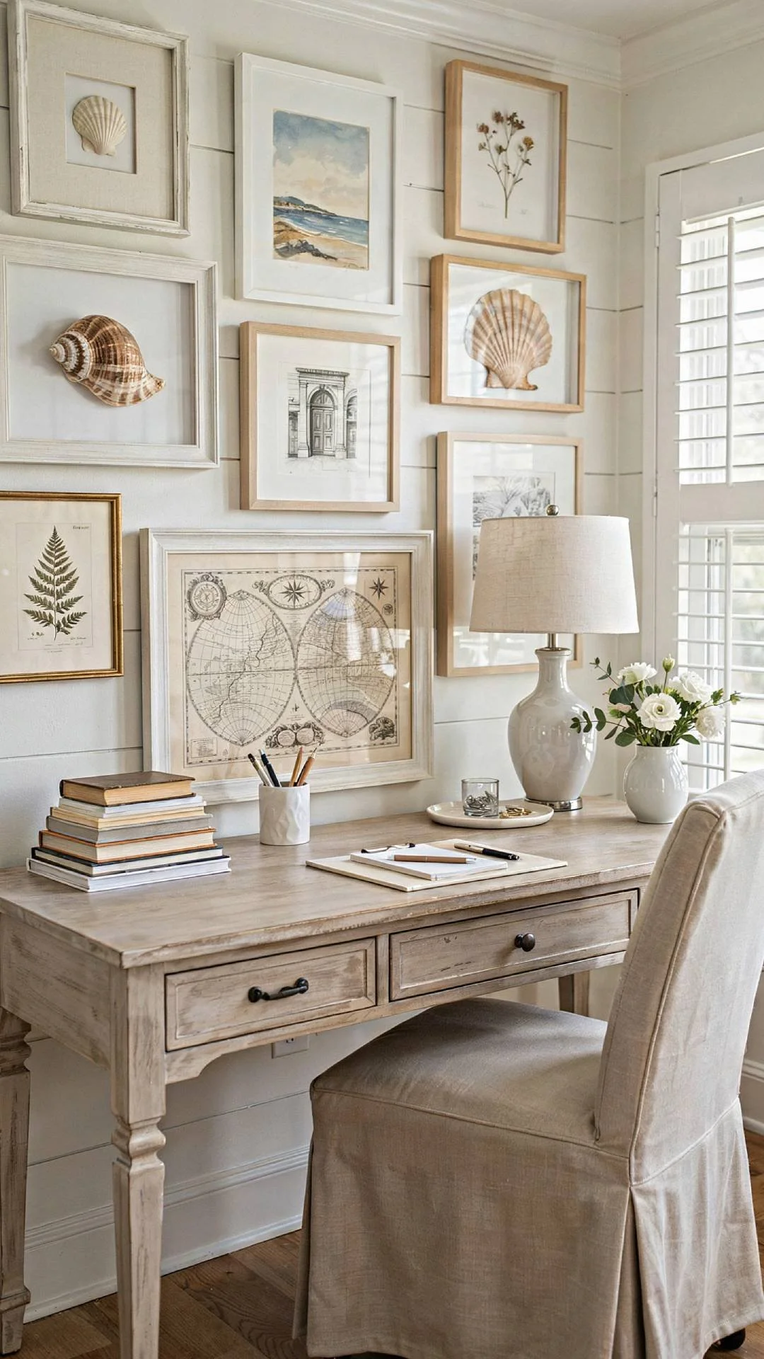 a cozy and soft coastal home office with a shell gallery wall.