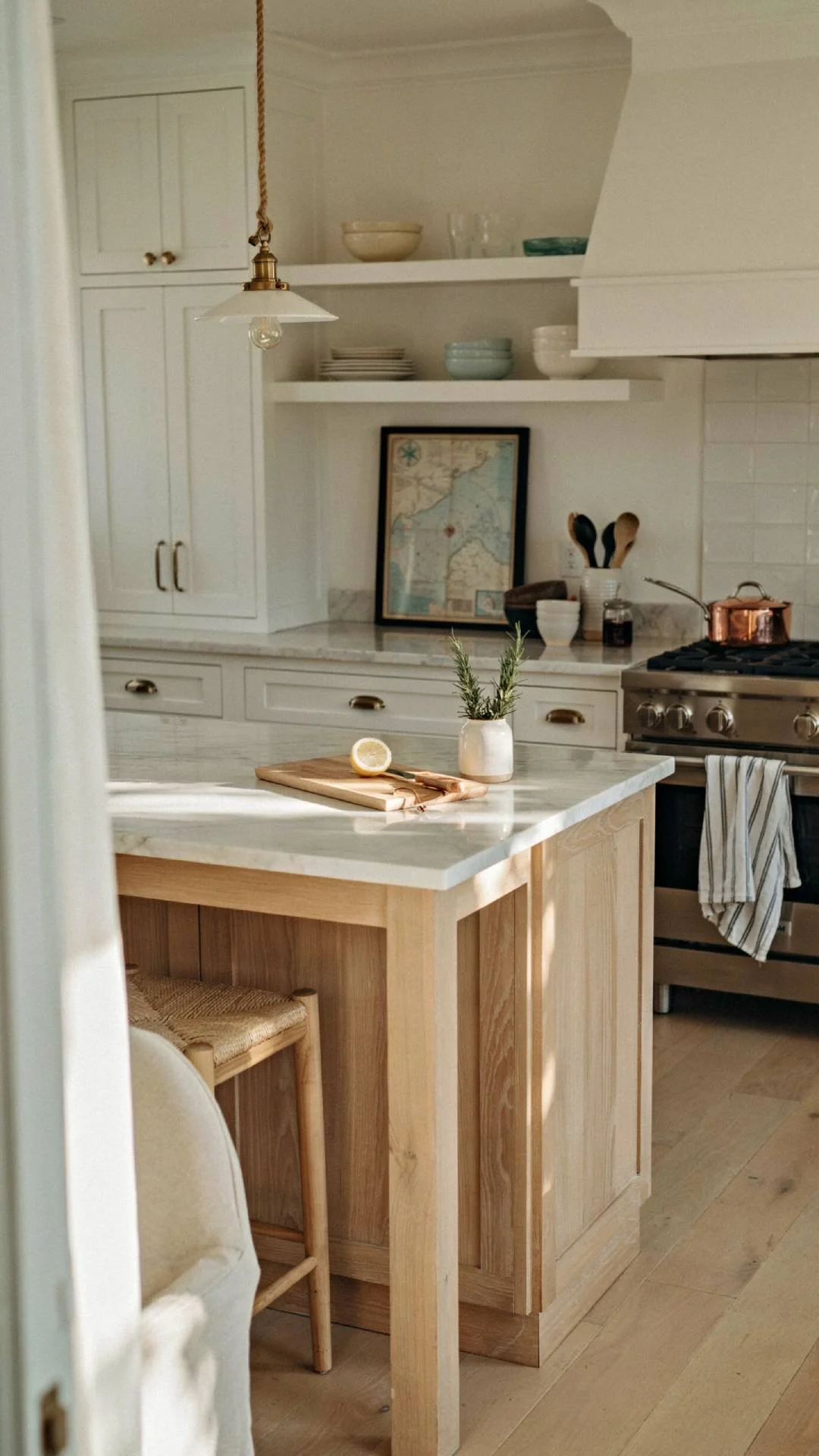 Full kitchen shot with a rope-detail pendant light over an island, one framed vintage nautical chart on the wall, navy and white striped dish towels draped over an oven handle, understated coastal styling, warm natural light, photorealistic
