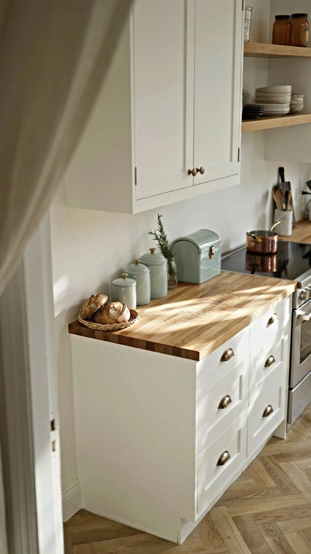 kitchen view showing a pastel enamel bread box and matching ceramic canister set on a butcher block counter near the stove, white cabinetry, brass fixtures, warm natural light