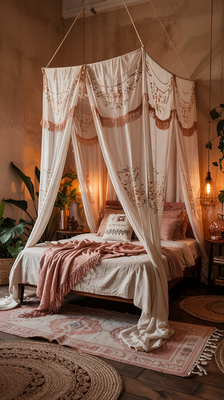 a romantic, dramatic, floral canopy bed frame in a boho style bedroom.