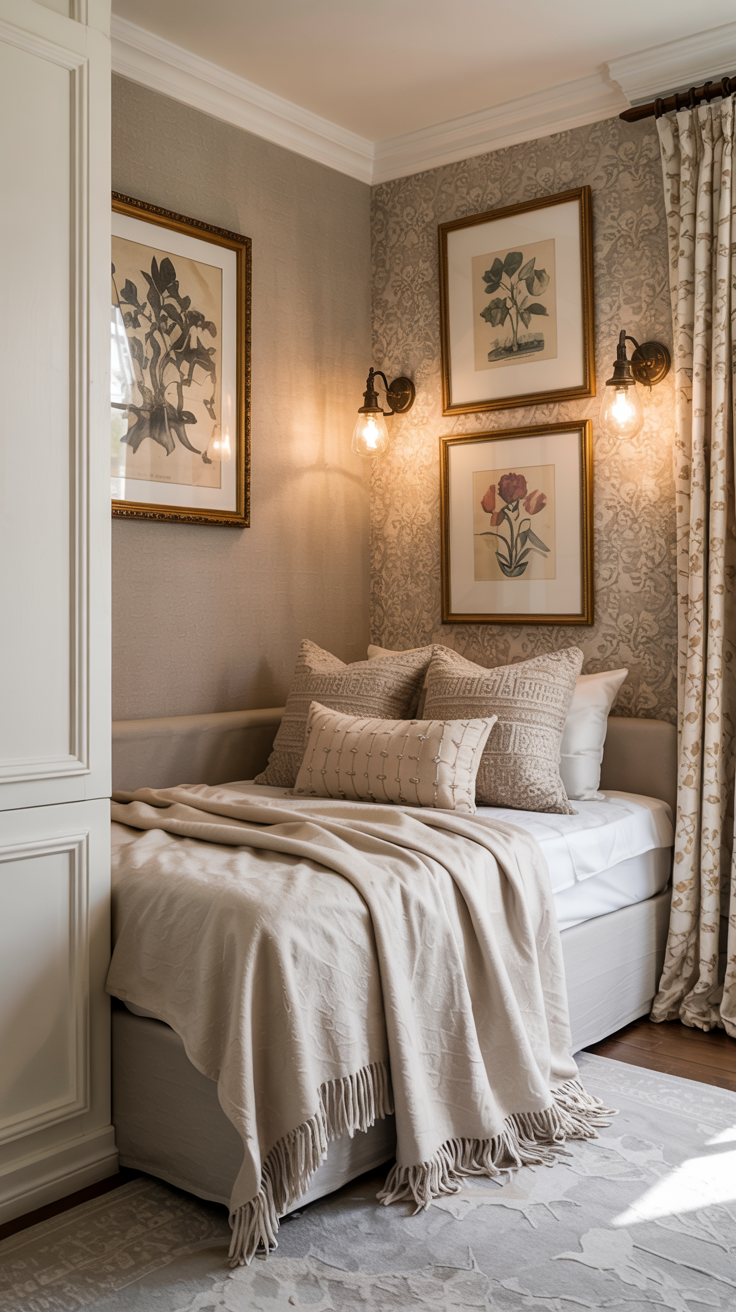 built-in alcove bed with its longer side against the wall, styled with cozy blankets and pillows and vintage home decor like wall art.  Walls are adorned with elegant wallpaper and matching vintage sconces.