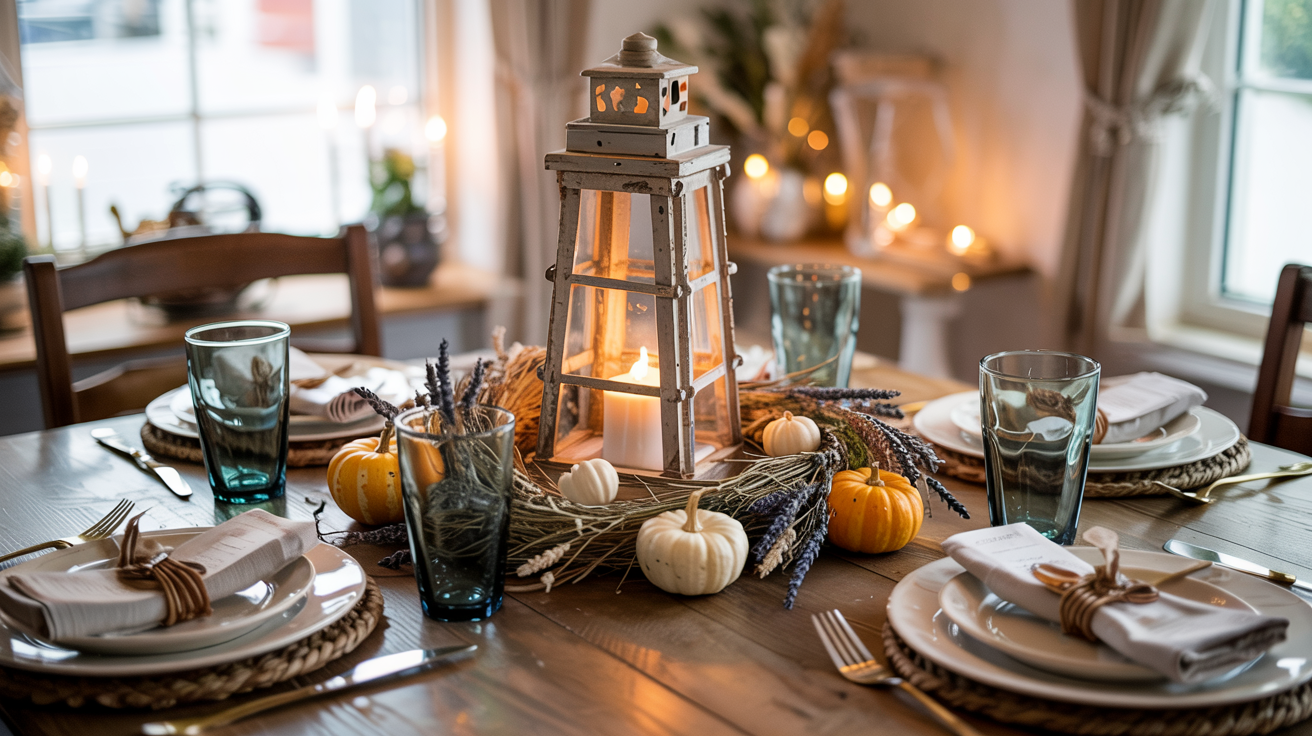 Warm coastal dining table featuring nautical lantern centerpiece with lavender wreath and autumn place settings