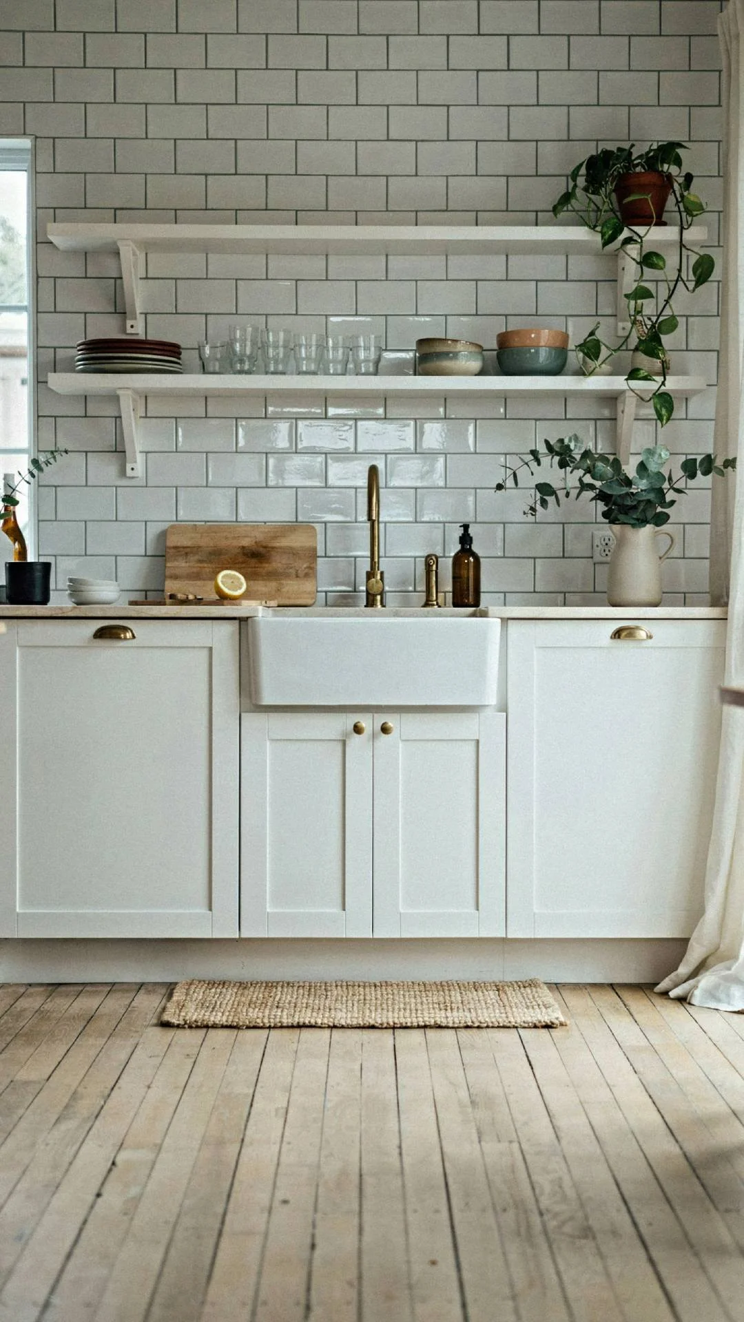 coastal kitchen with white subway tile backsplash running to the ceiling behind open shelving, black grout lines, white cabinetry, brass fixtures, natural light