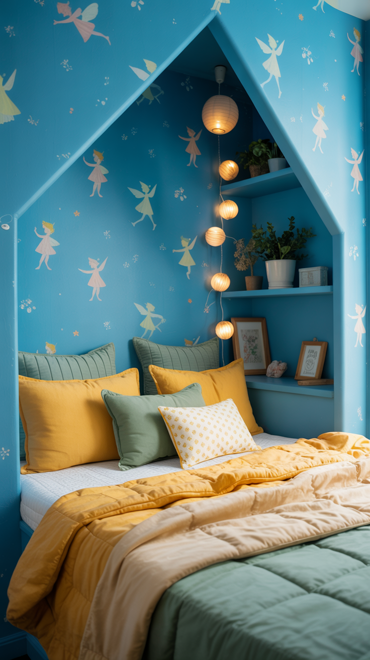 A colorful built-in alcove bed with a bright blue painted interior and whimsical fairy artwork. Cozy pillows and bedding in yellows, greens, and creams. Vibrant home decor aesthetic.