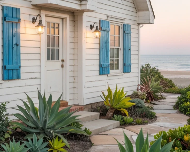 a photograph of a charming coastal cottage with an oceanfront garden with a winding pathway.