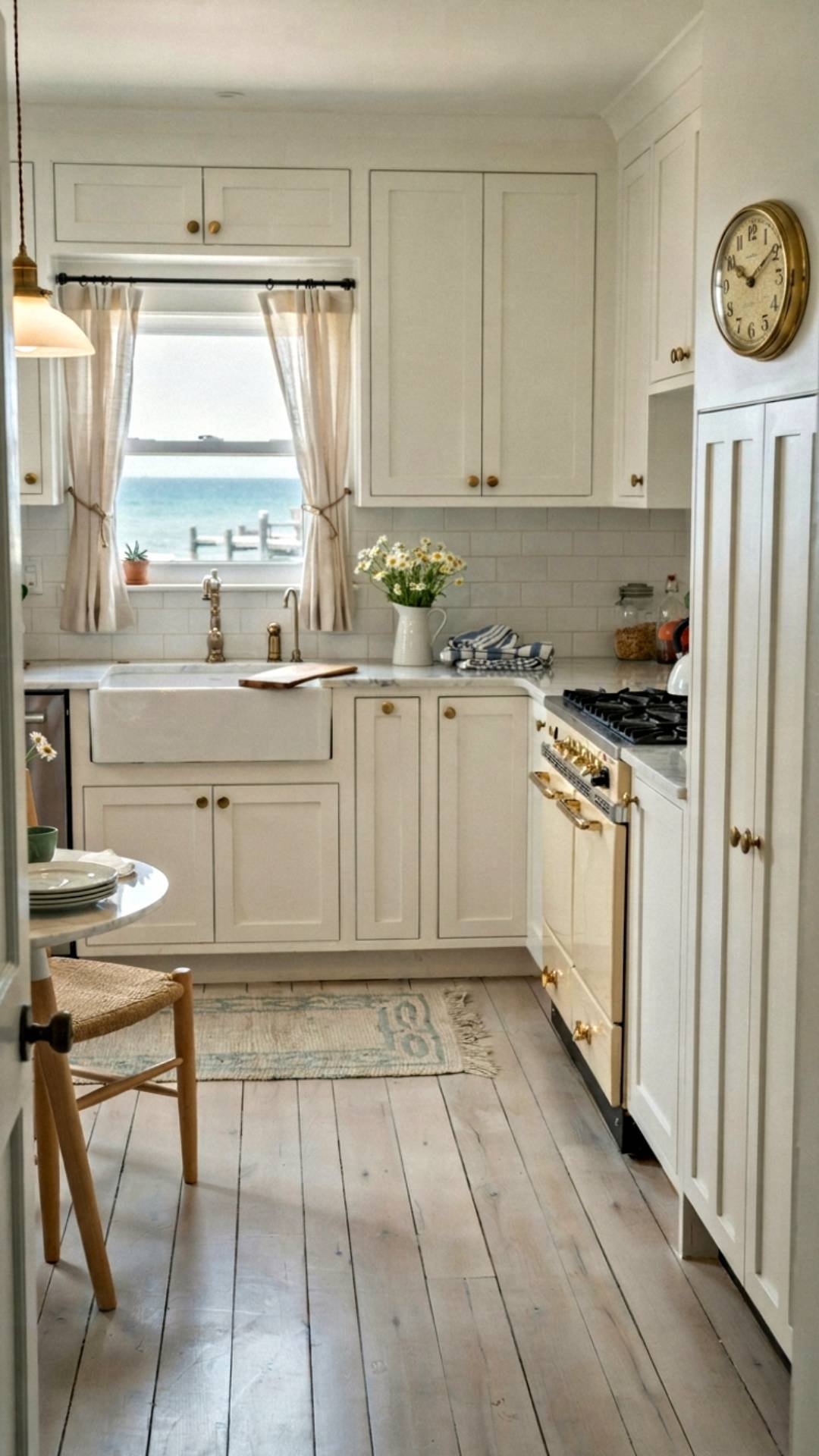 1920s all white coastal kitchen with subway tile and built in cabinets