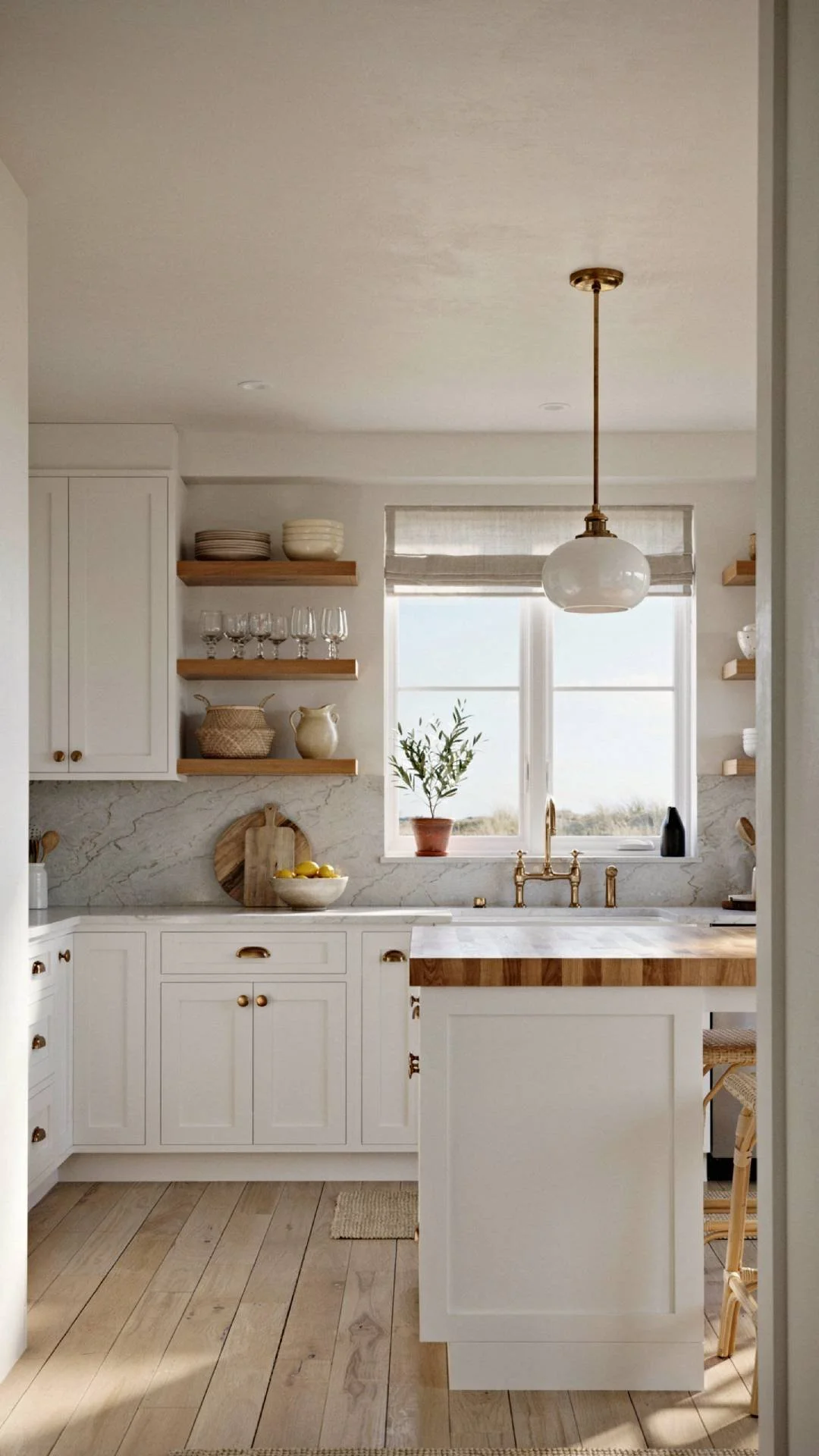 a white shaker cabinet coastal kitchen with unlacquered brass knobs and pulls throughout, butcher block island, open shelving, natural window light