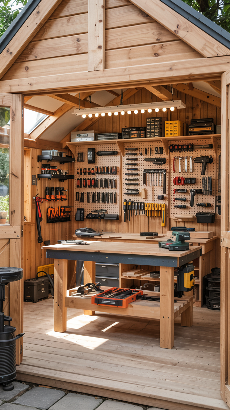 A modern, well-lit workshop interior in a wooden shed with a pitched roof