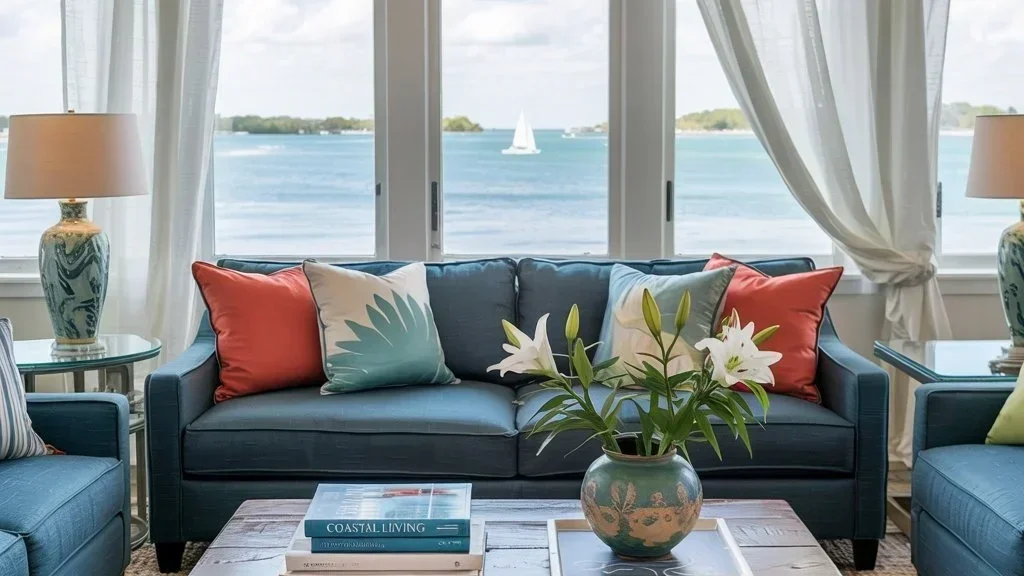 a coastal living room with a denim couch and a view of the ocean.