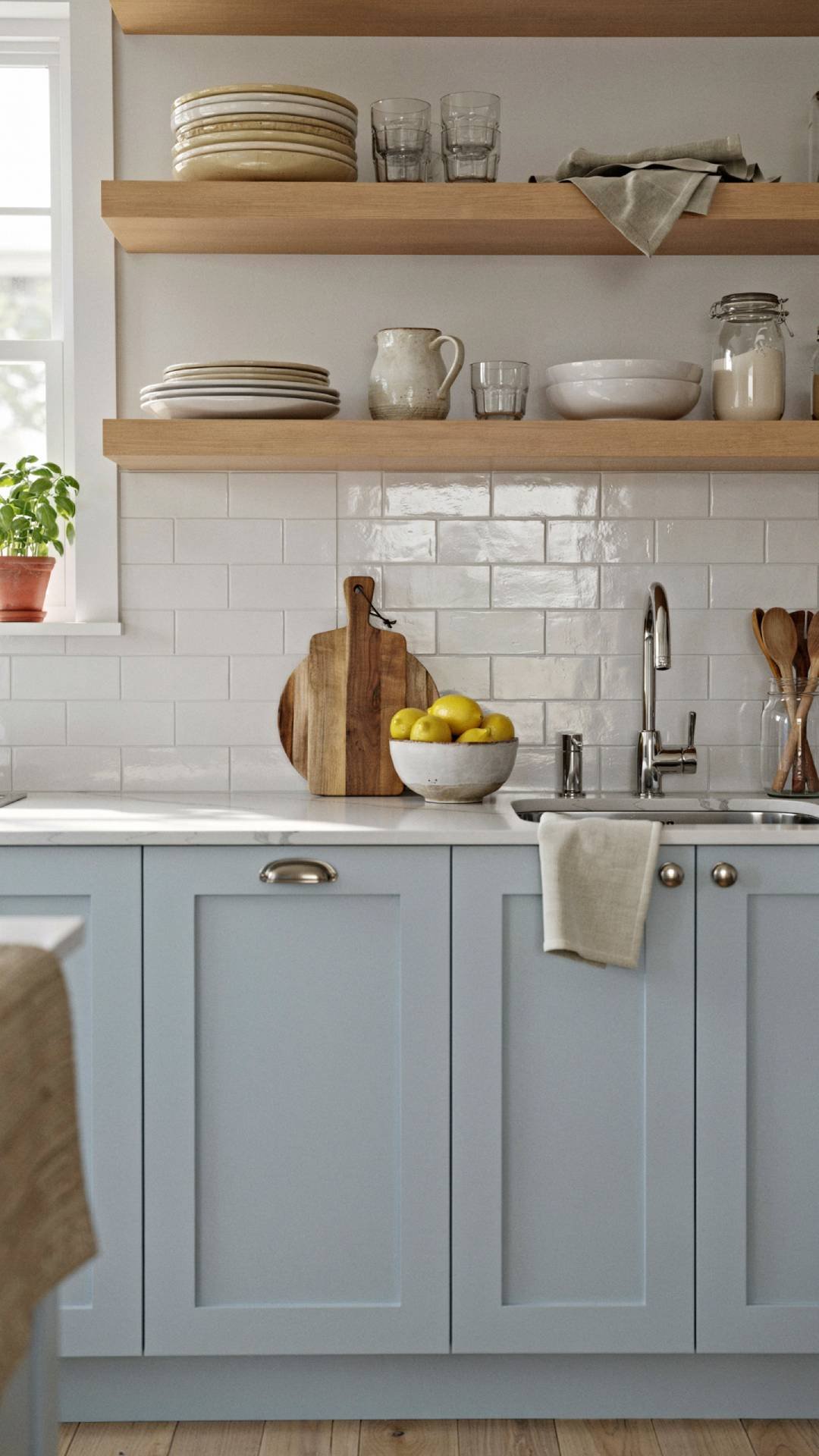 Full kitchen shot featuring a white subway tile backsplash in a herringbone pattern, light gray grout, soft blue shaker cabinets below, warm natural light, lived-in cottage styling, photorealistic