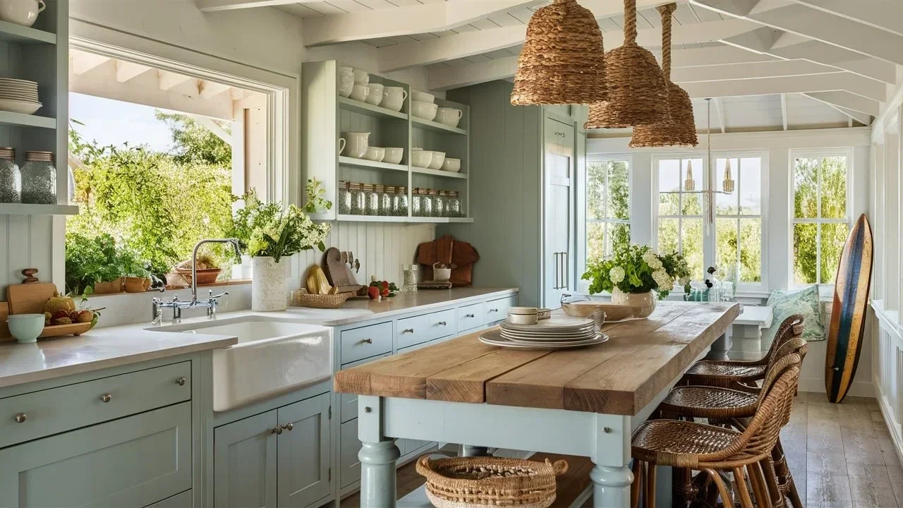a coastal cottage kitchen with wicker pendant lights, light blue wood cabinets, and butcher block island.