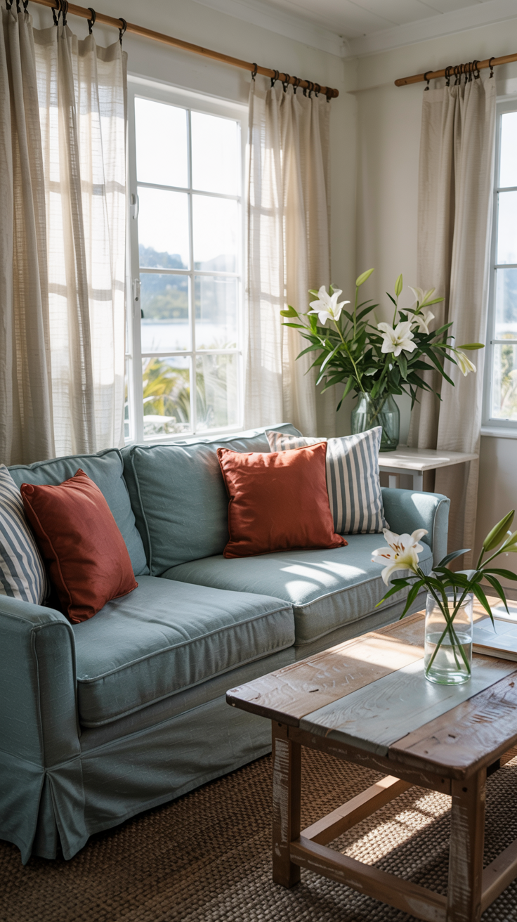 Airy coastal cottage living room with 60-30-10 color rule, creamy white walls (60%), soft seafoam green accents (30%), deep coral throw pillows (10%), natural afternoon light, pale blue undertones
