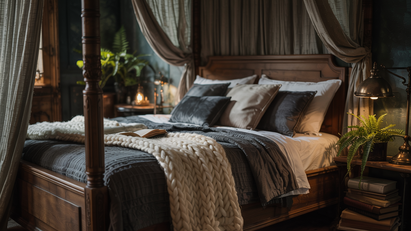 A dark cottagecore bedroom with low mood lighting and luxurious plush bedding.
