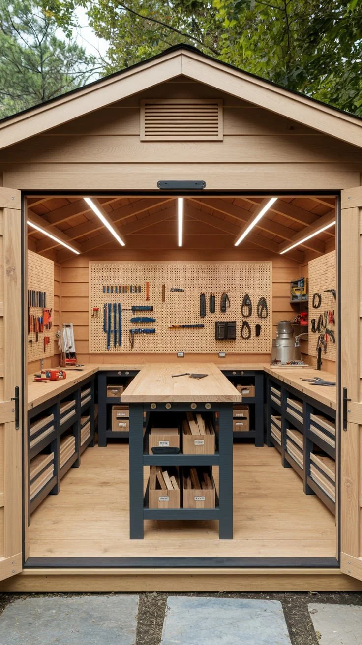 Well-organized woodworking workshop shed interior with pegboard tool wall