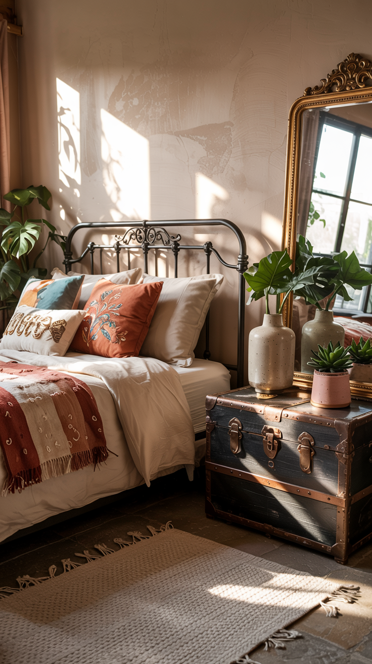 a boho bedroom with vintage home decor.